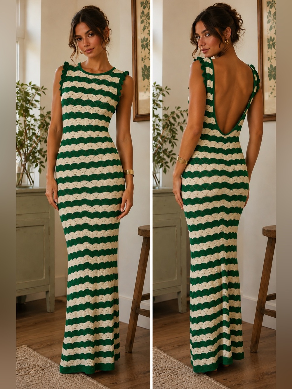 Misa Los Angeles Green & Cream Striped Backless Knit Maxi Dress
